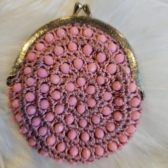 Made In Hong Kong Handbags - Pink Beaded Vintage Crocheted Coin Purse